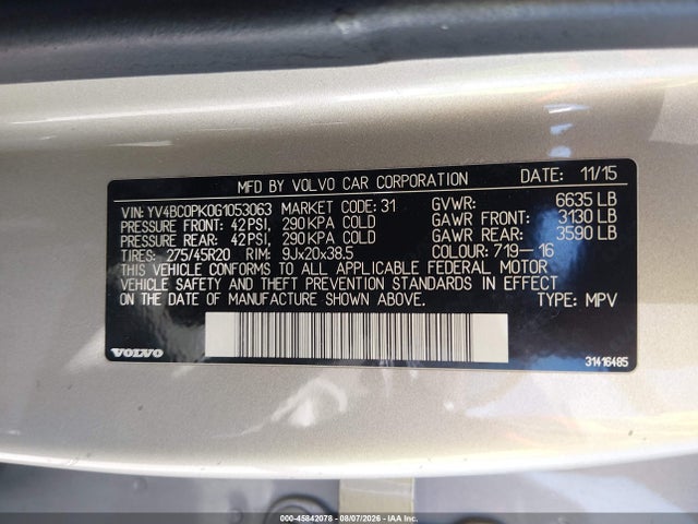 Продаж на аукціоні авто 2016 Volvo Xc90 Hybrid T8 Momentum, vin: YV4BC0PK0G1053063, номер лоту: 45842078