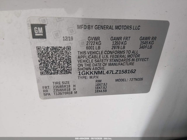 Aukcja sprzedaży 2020 Gmc Acadia Fwd Slt, vin: 1GKKNML47LZ158162, numer aukcji: 45842086