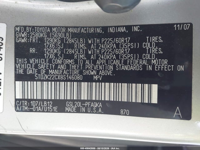 Aukcja sprzedaży 2008 Toyota Sienna Limited, vin: 5TDZK22CX8S146080, numer aukcji: 45842089