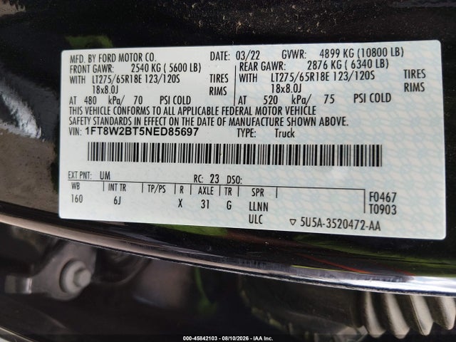 Продаж на аукціоні авто 2022 Ford F-250 Lariat, vin: 1FT8W2BT5NED85697, номер лоту: 45842103