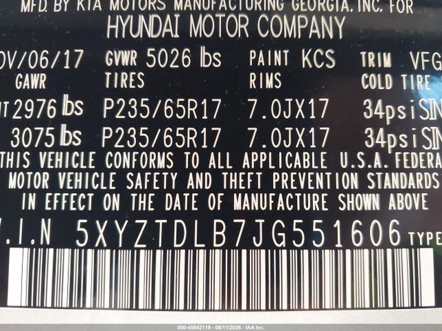 45842119 :رقم المزاد ، 5XYZTDLB7JG551606 vin ، 2018 Hyundai Santa Fe Sport 2.4l مزاد بيع