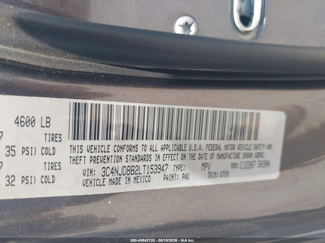 45842128 :رقم المزاد ، 3C4NJDBB2LT153947 vin ، 2020 Jeep Compass Latitude 4x4 مزاد بيع