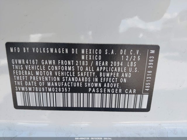 Продаж на аукціоні авто 2026 Volkswagen Jetta S, vin: 3VW5W7BU9TM028357, номер лоту: 45842135