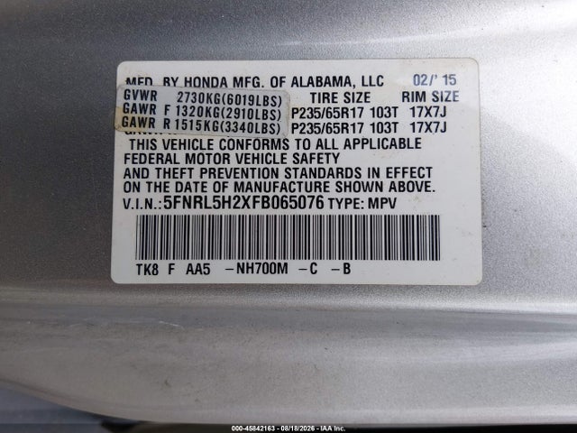 Aukcja sprzedaży 2015 Honda Odyssey Lx, vin: 5FNRL5H2XFB065076, numer aukcji: 45842163