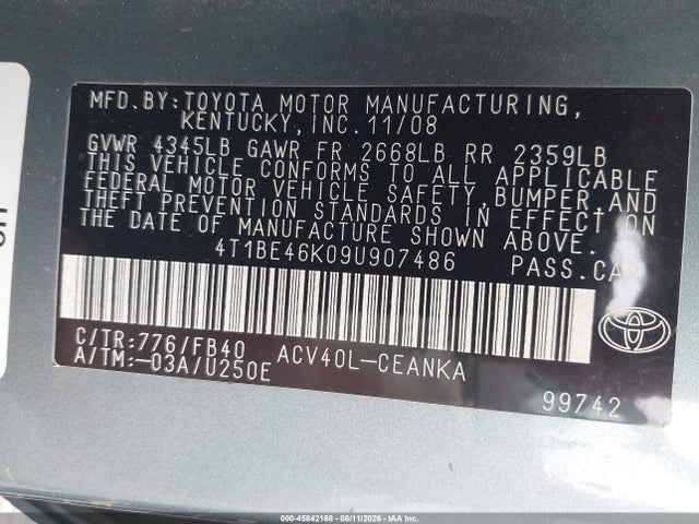 Aukcja sprzedaży 2009 Toyota Camry Le, vin: 4T1BE46K09U907486, numer aukcji: 45842168