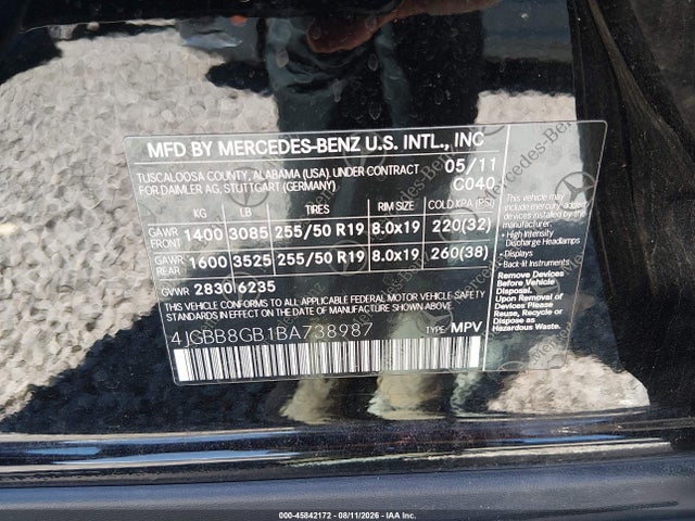 Aukcja sprzedaży 2011 Mercedes-benz Ml 350 4matic, vin: 4JGBB8GB1BA738987, numer aukcji: 45842172