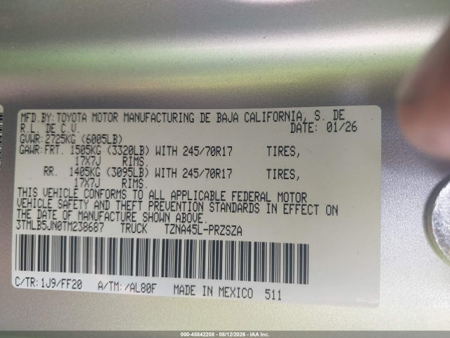 45842208 :رقم المزاد ، 3TMLB5JN0TM238687 vin ، 2026 Toyota Tacoma Sr5 مزاد بيع