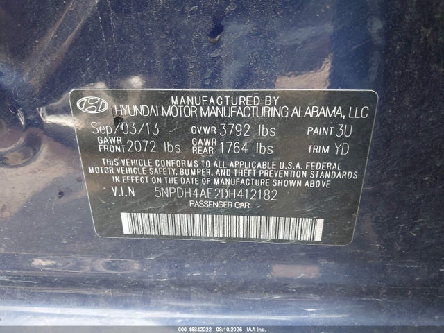 2013 Hyundai Elantra Gls მანქანა იყიდება აუქციონზე, vin: 5NPDH4AE2DH412182, აუქციონის ნომერი: 45842222