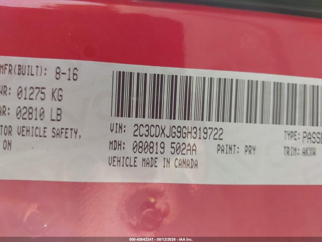 45842241 :رقم المزاد ، 2C3CDXJG9GH319722 vin ، 2016 Dodge Charger Sxt مزاد بيع