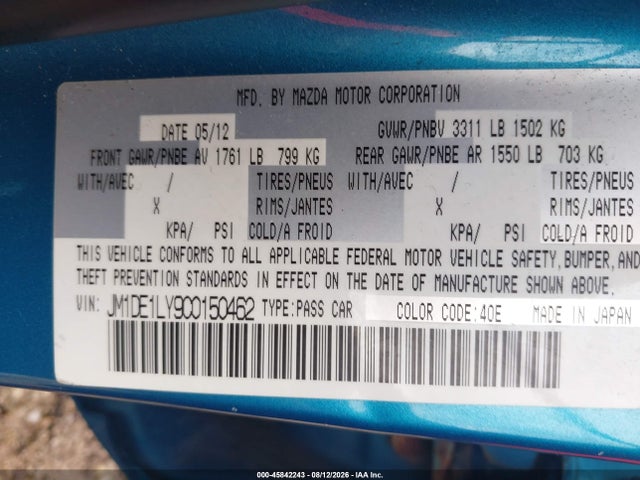 Aukcja sprzedaży 2012 Mazda Mazda2 Touring, vin: JM1DE1LY9C0150462, numer aukcji: 45842243