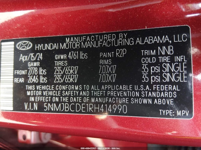 45842252 :رقم المزاد ، 5NMJBCDE1RH414990 vin ، 2024 Hyundai Tucson Sel مزاد بيع