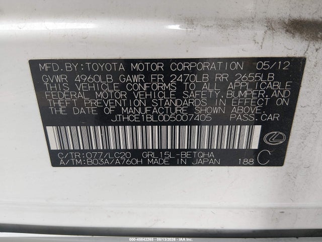 Aukcja sprzedaży 2013 Lexus Gs 350, vin: JTHCE1BL0D5007405, numer aukcji: 45842265