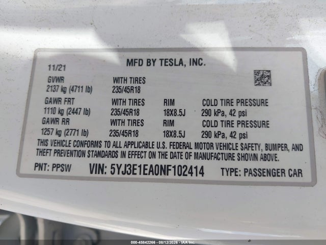 Tesla Model 3 Rear-wheel Drive 2022 5YJ3E1EA0NF102414 Image 9