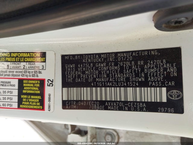Aukcja sprzedaży 2020 Toyota Camry Se Nightshade Edition, vin: 4T1G11AK2LU341524, numer aukcji: 45842298