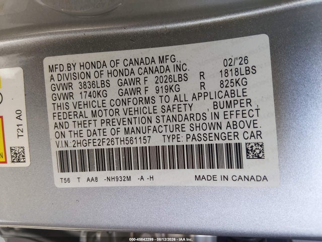 Honda Civic Lx 2026 2HGFE2F26TH561157 Image 9