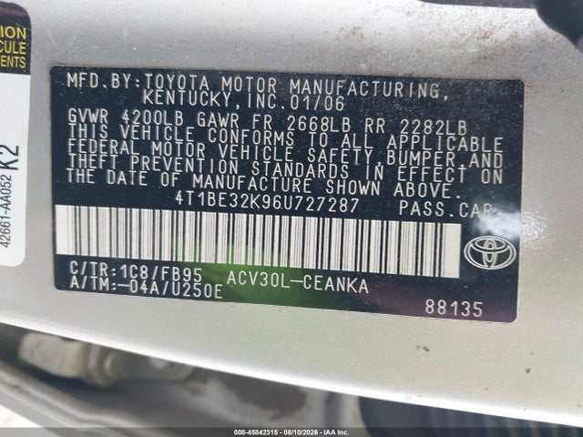Aukcja sprzedaży 2006 Toyota Camry Le, vin: 4T1BE32K96U727287, numer aukcji: 45842315