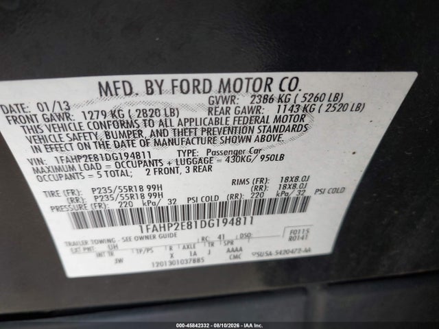 45842332 :رقم المزاد ، 1FAHP2E81DG194811 vin ، 2013 Ford Taurus Sel مزاد بيع