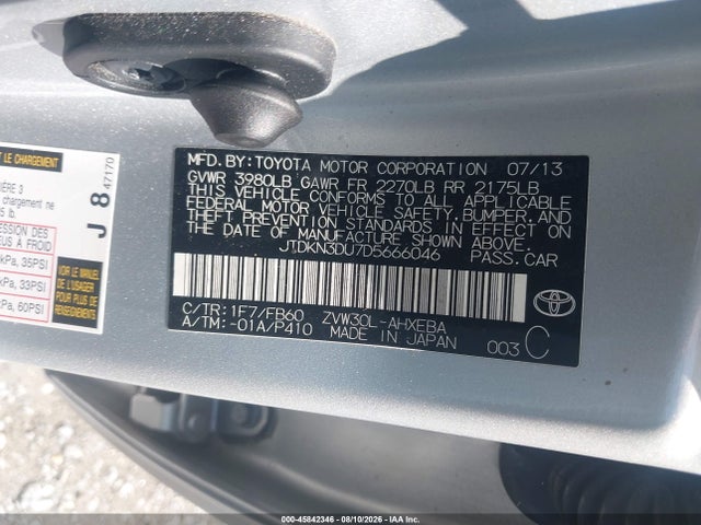 2013 Toyota Prius მანქანა იყიდება აუქციონზე, vin: JTDKN3DU7D5666046, აუქციონის ნომერი: 45842346