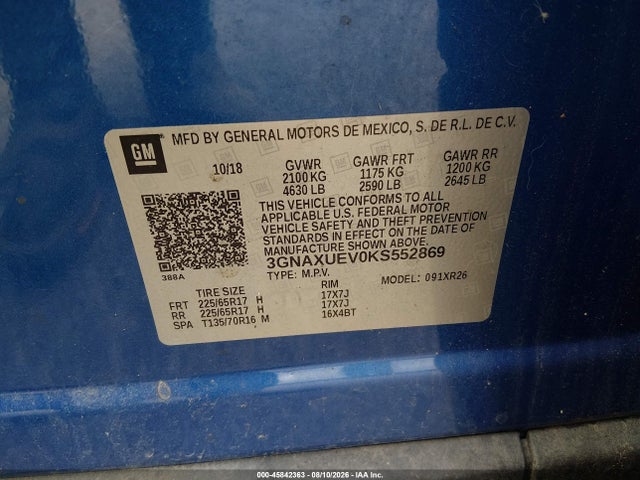 Продажа на аукционе авто 2019 Chevrolet Equinox Lt, vin: 3GNAXUEV0KS552869, номер лота: 45842363