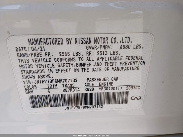 45842380 :رقم المزاد ، JN1EV7BP6MM707132 vin ، 2021 Infiniti Q50 Luxe مزاد بيع