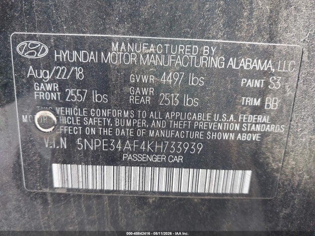 45842416 :رقم المزاد ، 5NPE34AF4KH733939 vin ، 2019 Hyundai Sonata Sel مزاد بيع