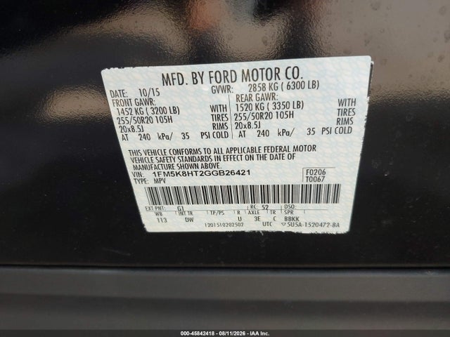 Aukcja sprzedaży 2016 Ford Explorer Platinum, vin: 1FM5K8HT2GGB26421, numer aukcji: 45842418
