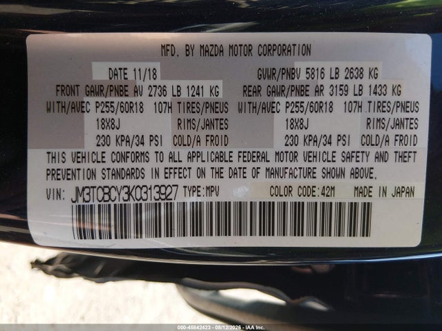 45842423 :رقم المزاد ، JM3TCBCY3K0313927 vin ، 2019 Mazda Cx-9 Touring مزاد بيع