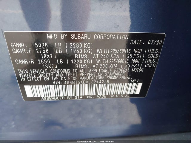 Продаж на аукціоні авто 2020 Subaru Outback Onyx Edition Xt, vin: 4S4BTGKDXL3244228, номер лоту: 45842434