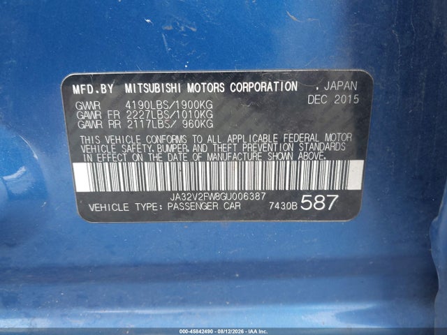 Aukcja sprzedaży 2016 Mitsubishi Lancer Es/se/sel, vin: JA32V2FW8GU006387, numer aukcji: 45842490