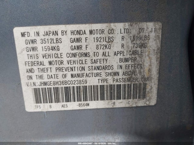 Aukcja sprzedaży 2011 Honda Fit, vin: JHMGE8H36BC023859, numer aukcji: 45842497