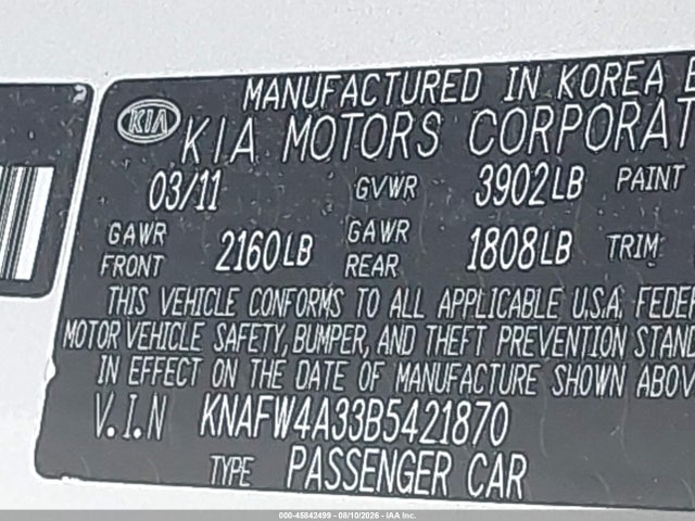 45842499 :رقم المزاد ، KNAFW4A33B5421870 vin ، 2011 Kia Forte Sx مزاد بيع