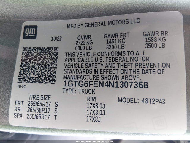 Aukcja sprzedaży 2022 Gmc Canyon 4wd  Short Box At4 - Leather, vin: 1GTG6FEN4N1307368, numer aukcji: 45842510