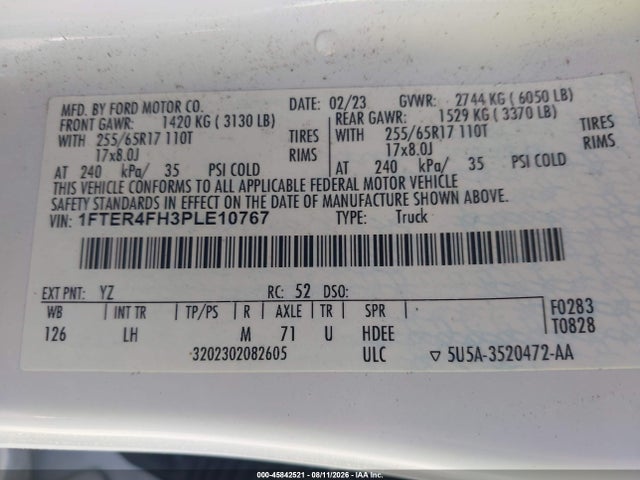 Продаж на аукціоні авто 2023 Ford Ranger Xlt, vin: 1FTER4FH3PLE10767, номер лоту: 45842521