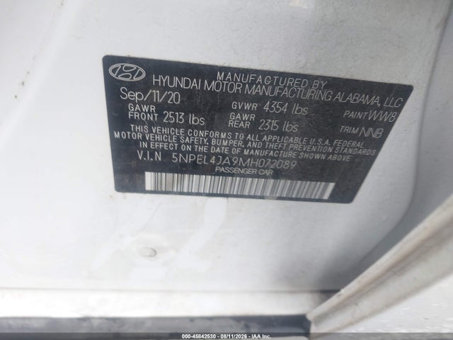 45842530 :رقم المزاد ، 5NPEL4JA9MH072089 vin ، 2021 Hyundai Sonata Sel مزاد بيع
