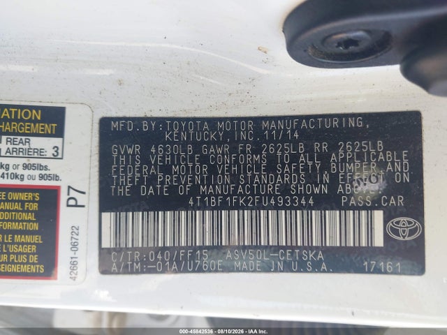 2015 Toyota Camry Se მანქანა იყიდება აუქციონზე, vin: 4T1BF1FK2FU493344, აუქციონის ნომერი: 45842536