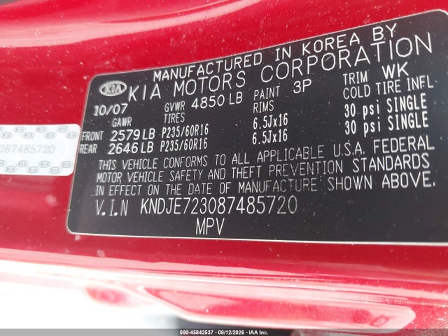 Aukcja sprzedaży 2008 Kia Sportage Lx V6, vin: KNDJE723087485720, numer aukcji: 45842537