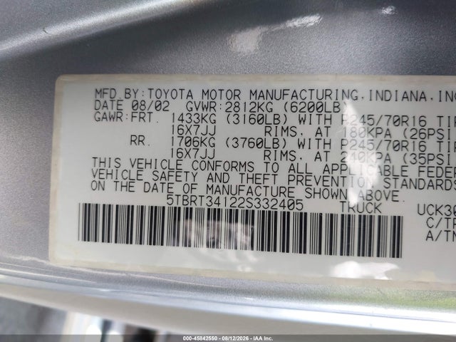 2002 Toyota Tundra Sr5 V8 მანქანა იყიდება აუქციონზე, vin: 5TBRT34122S332405, აუქციონის ნომერი: 45842550