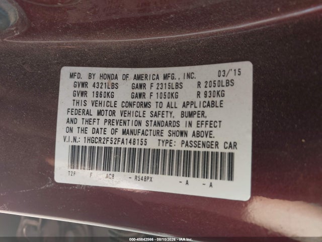 Продажа на аукционе авто 2015 Honda Accord Sport, vin: 1HGCR2F52FA148155, номер лота: 45842566