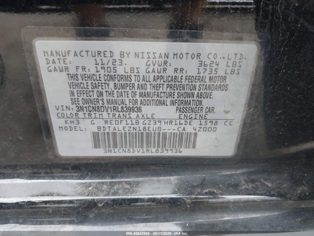 Aukcja sprzedaży 2024 Nissan Versa 1.6 S, vin: 3N1CN8DV1RL839936, numer aukcji: 45842568