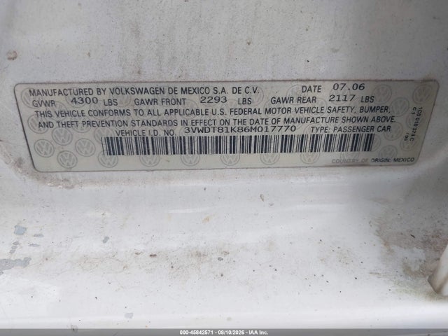 45842571 :رقم المزاد ، 3VWDT81K86M017770 vin ، 2006 Volkswagen Jetta Tdi مزاد بيع