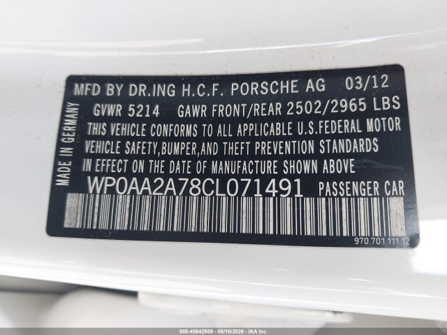 Продажа на аукционе авто 2012 Porsche Panamera 4, vin: WP0AA2A78CL071491, номер лота: 45842589