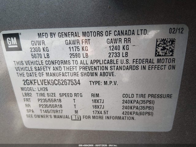 2012 Gmc Terrain Slt-1 მანქანა იყიდება აუქციონზე, vin: 2GKFLVEK9C6267534, აუქციონის ნომერი: 45842600