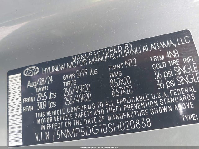 Aukcja sprzedaży 2025 Hyundai Santa Fe Hybrid Calligraphy, vin: 5NMP5DG10SH020838, numer aukcji: 45842606