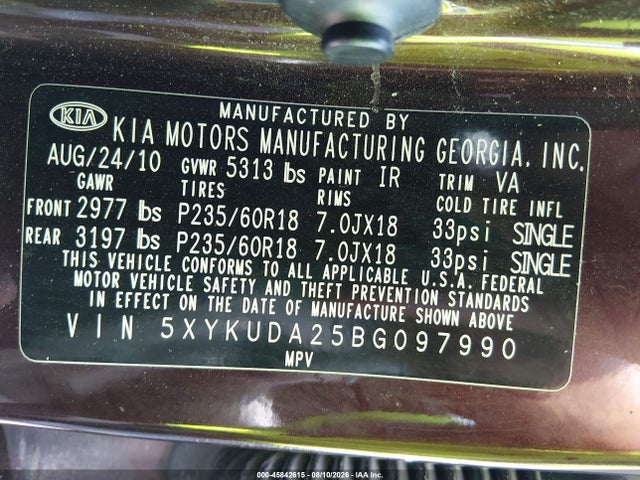 2011 Kia Sorento Ex V6 მანქანა იყიდება აუქციონზე, vin: 5XYKUDA25BG097990, აუქციონის ნომერი: 45842615