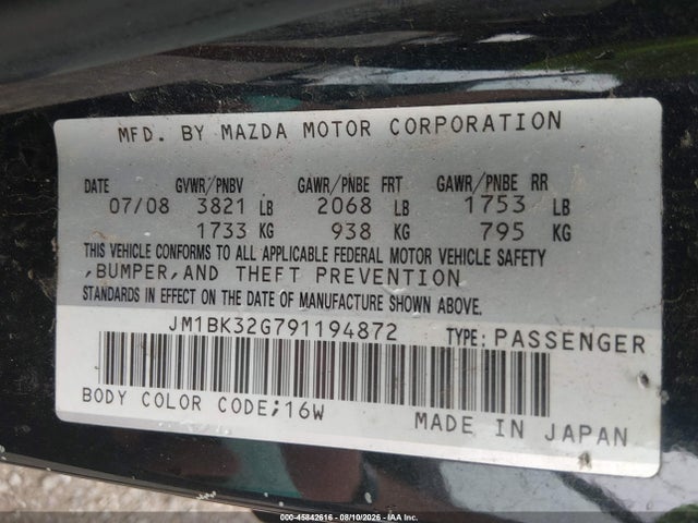 Aukcja sprzedaży 2009 Mazda Mazda3 I, vin: JM1BK32G791194872, numer aukcji: 45842616