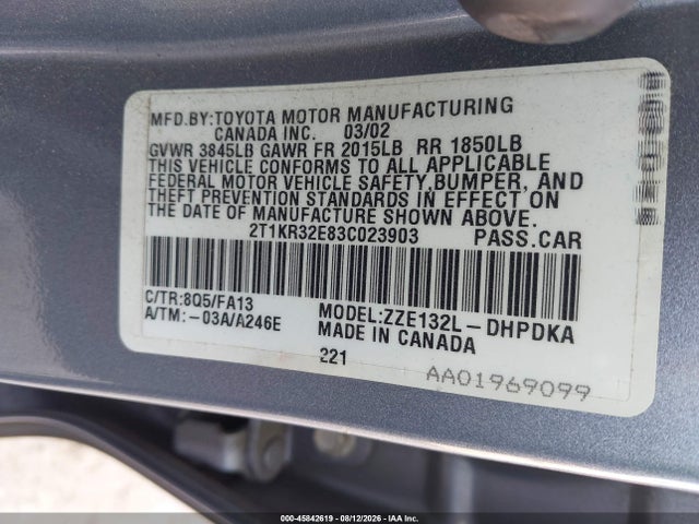 Продаж на аукціоні авто 2003 Toyota Matrix Standard, vin: 2T1KR32E83C023903, номер лоту: 45842619