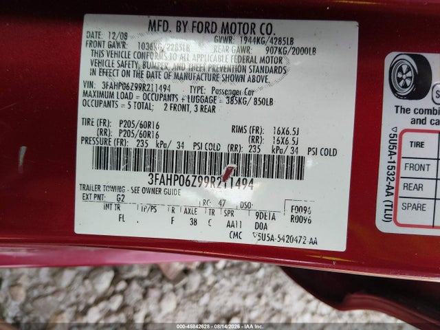 2009 Ford Fusion S მანქანა იყიდება აუქციონზე, vin: 3FAHP06Z99R211494, აუქციონის ნომერი: 45842628