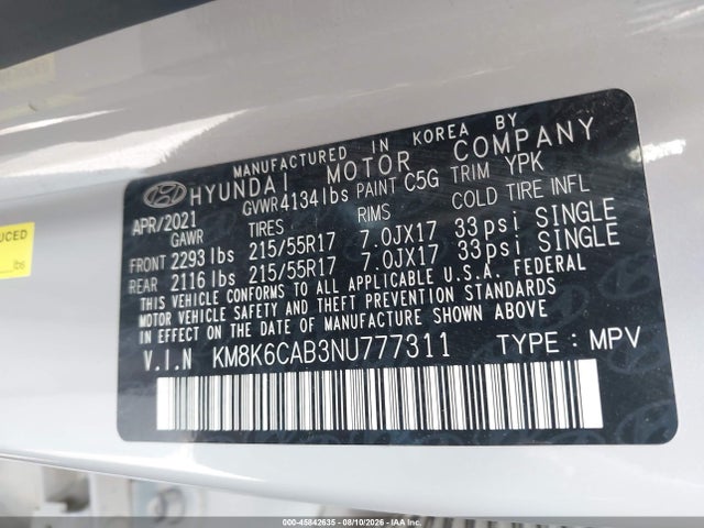 Aukcja sprzedaży 2022 Hyundai Kona Sel, vin: KM8K6CAB3NU777311, numer aukcji: 45842635
