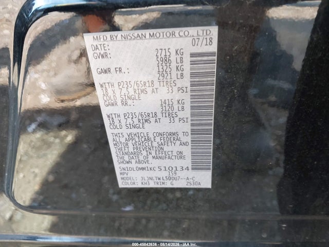 2019 Infiniti Qx60 Luxe მანქანა იყიდება აუქციონზე, vin: 5N1DL0MM1KC510134, აუქციონის ნომერი: 45842636