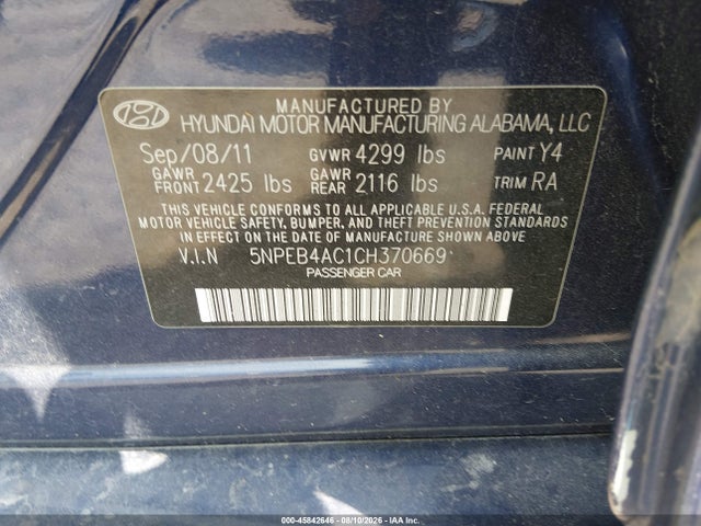 Aukcja sprzedaży 2012 Hyundai Sonata Gls, vin: 5NPEB4AC1CH370669, numer aukcji: 45842646